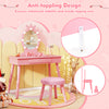 Kids vanity set in pink featuring an anti-toppling design, adjustable LED lights, and a spacious drawer for storage.