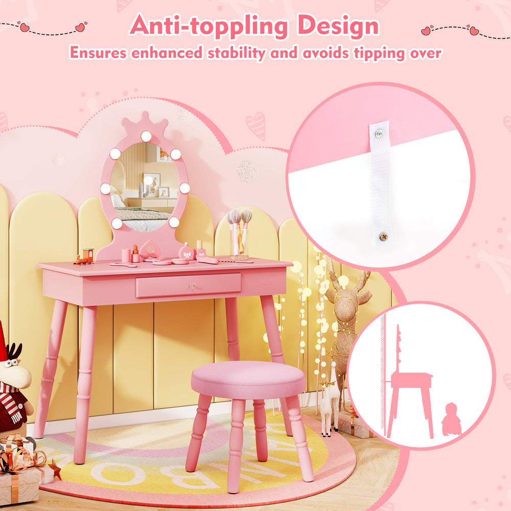 Kids vanity set in pink featuring an anti-toppling design, adjustable LED lights, and a spacious drawer for storage.