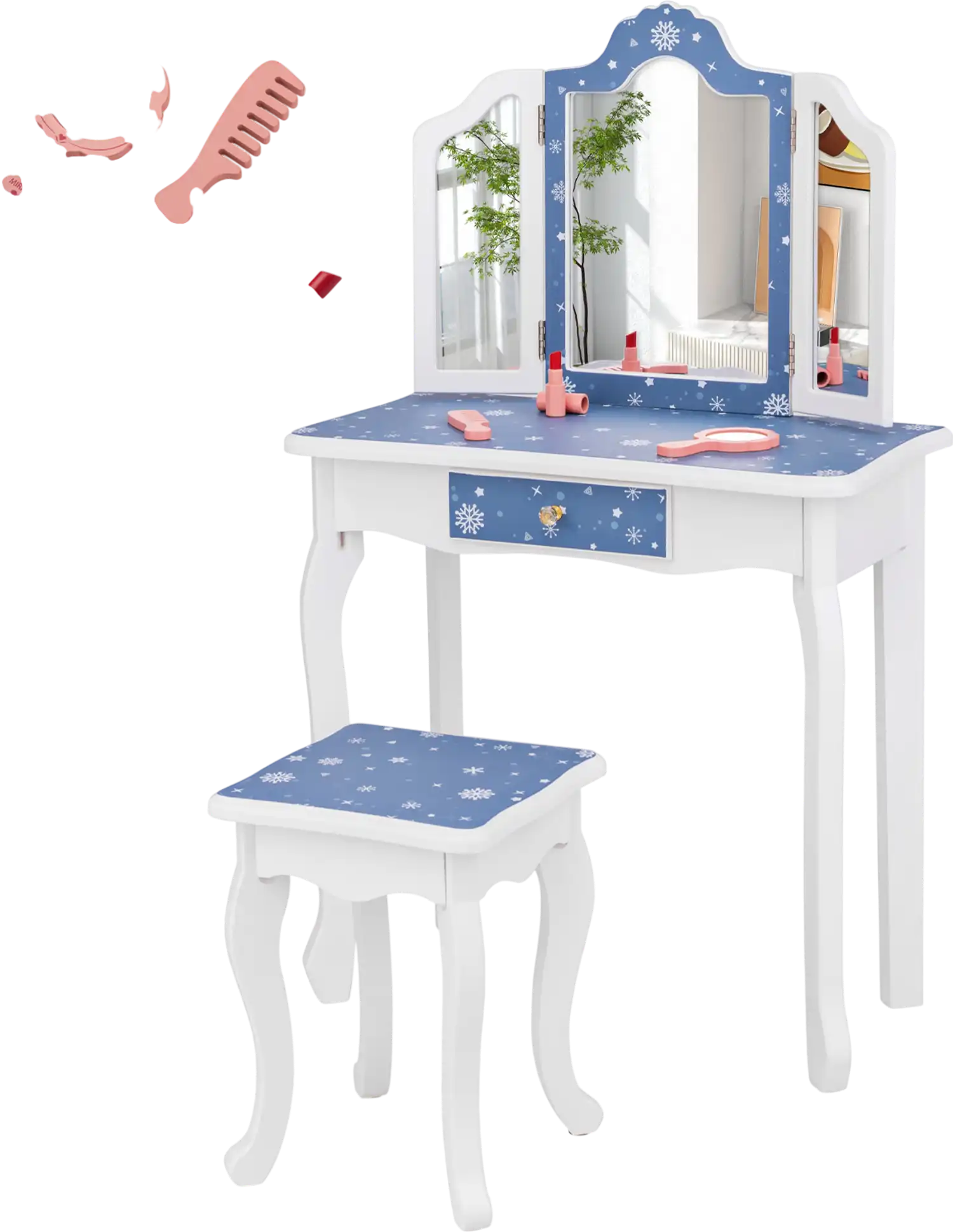 Costway Princess Pretend Play Makeup Vanity Table Stool Tri-Folding Mirror Blue 97638415 New