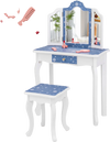 Princess pretend play makeup table set with tri-folding mirror, blue surface, and curved legs for kids' safe use.