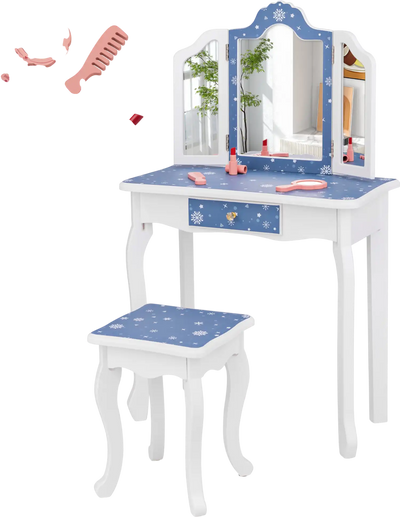 Costway Princess Pretend Play Makeup Vanity Table Stool Tri-Folding Mirror Blue 97638415 New