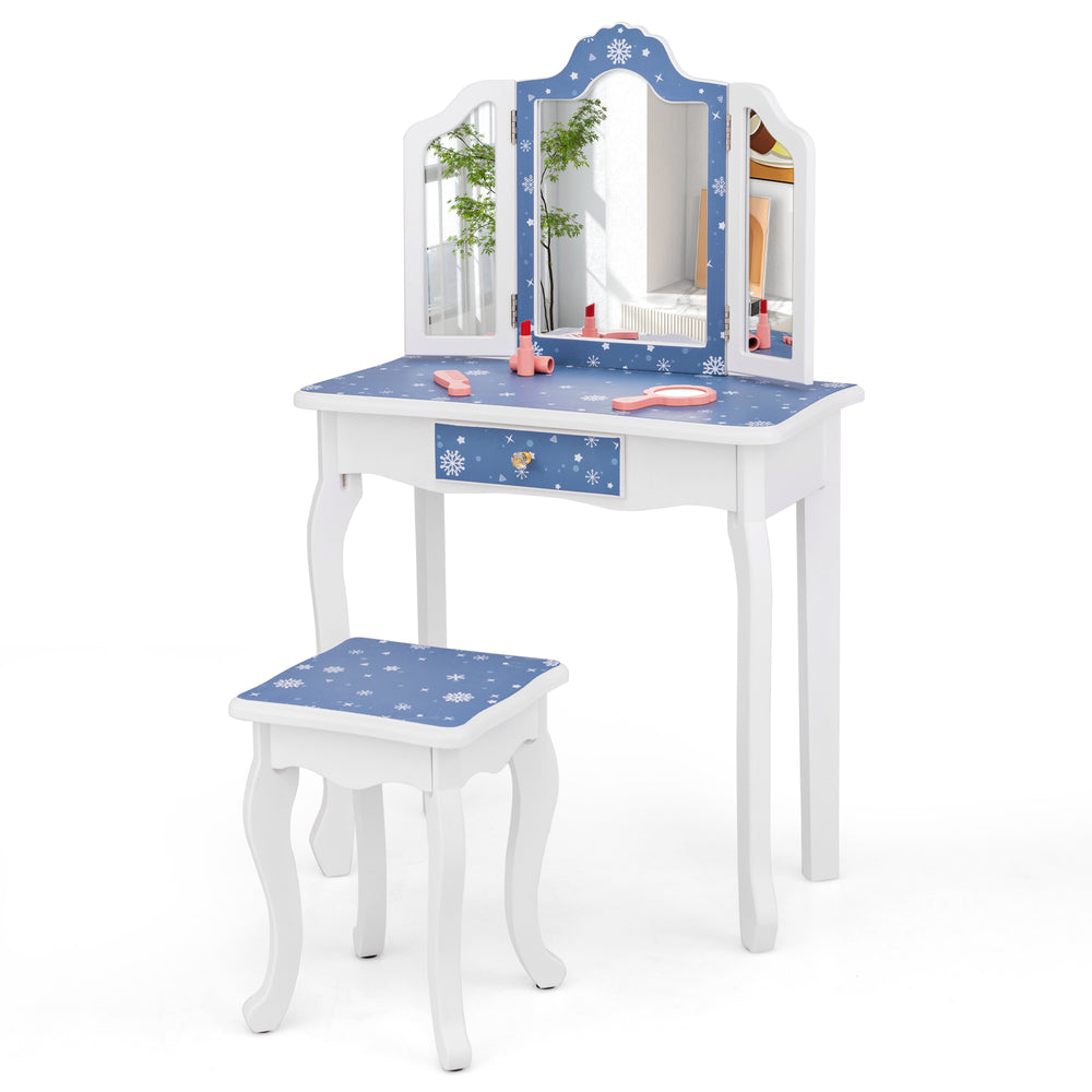 Princess pretend play makeup table set in blue with tri-folding mirror and built-in drawer for kids' accessories.