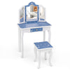 Princess pretend play makeup table set in blue with tri-folding mirror, drawer, and stool for kids' imaginative play.