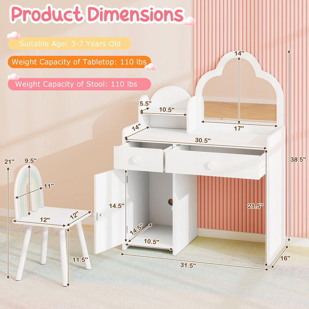 Kids vanity table set with cloud-shaped mirror, open shelf, and two drawers, perfect for ages 3-7, in white finish.