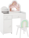 Kids vanity table and chair set in white with cloud-shaped mirror, open shelf, and storage for playroom or bedroom use.