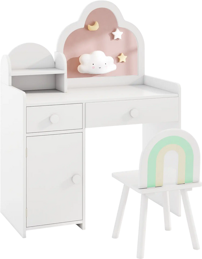 Costway Kids Vanity Table & Chair Set Cloud Mirror Open Shelf 783451296 New