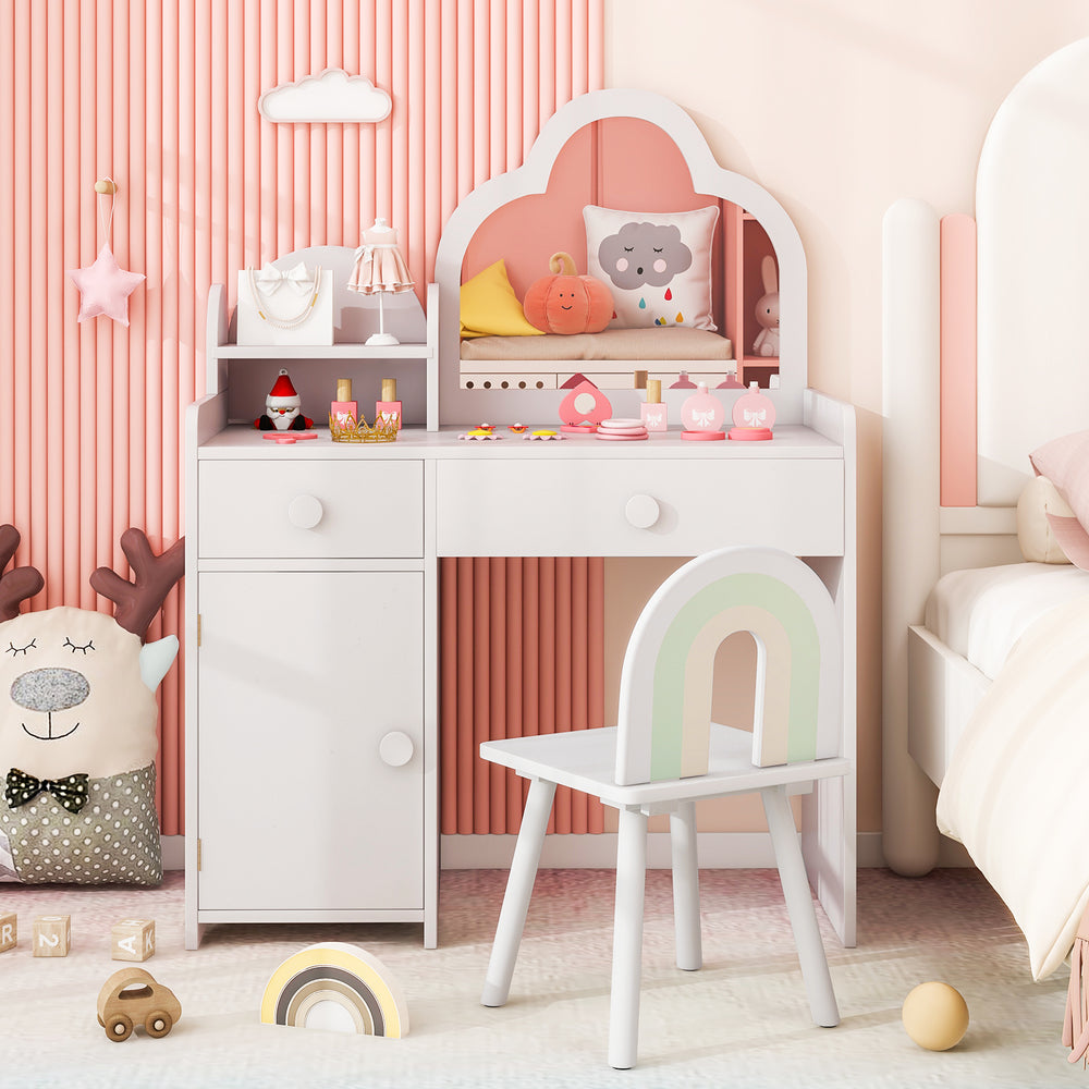 Kids vanity table set in white with cloud-shaped mirror, open shelf, and matching chair for bedroom or playroom use.