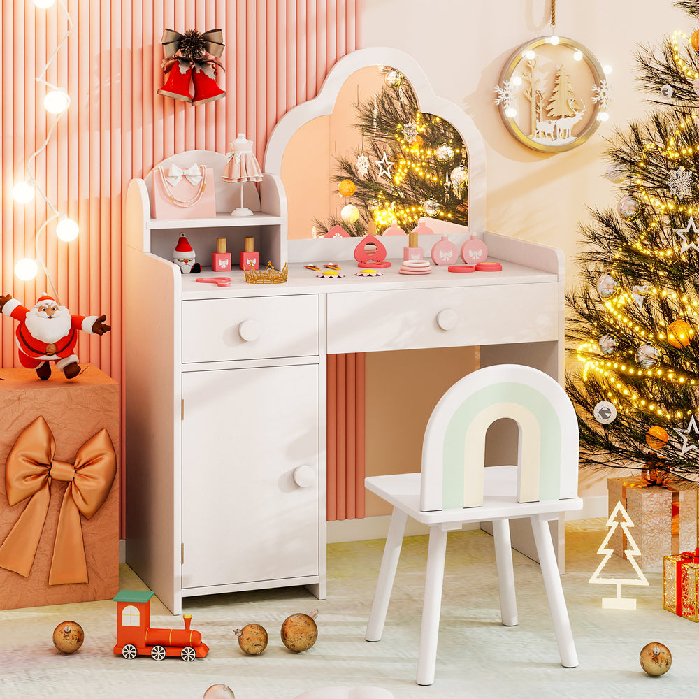 Kids vanity table set in white with cloud-shaped mirror, open shelf, and matching stool for bedroom or playroom use.
