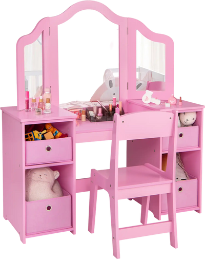 Costway Kids Vanity Table Chair Set Removable Mirror 4 Storage Bins 89723614 New