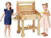 Kids wooden barbecue grill playset with food accessories, wheels, and storage rack for imaginative outdoor play.
