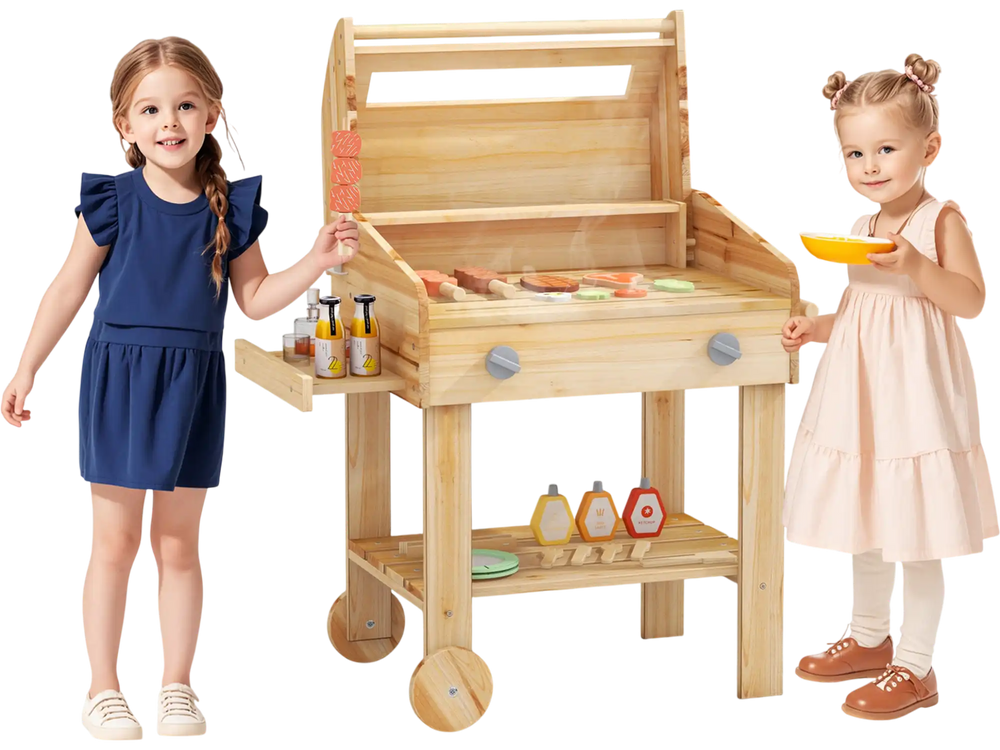 Kids wooden barbecue grill playset with food accessories, wheels, and storage rack for imaginative outdoor play.