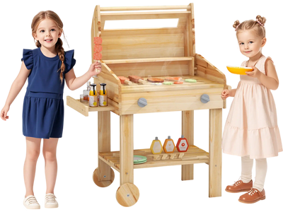 Costway Kids Wooden Barbecue Grill Playset Pretend Kitchen w/ Food & Wheels 164528793 New