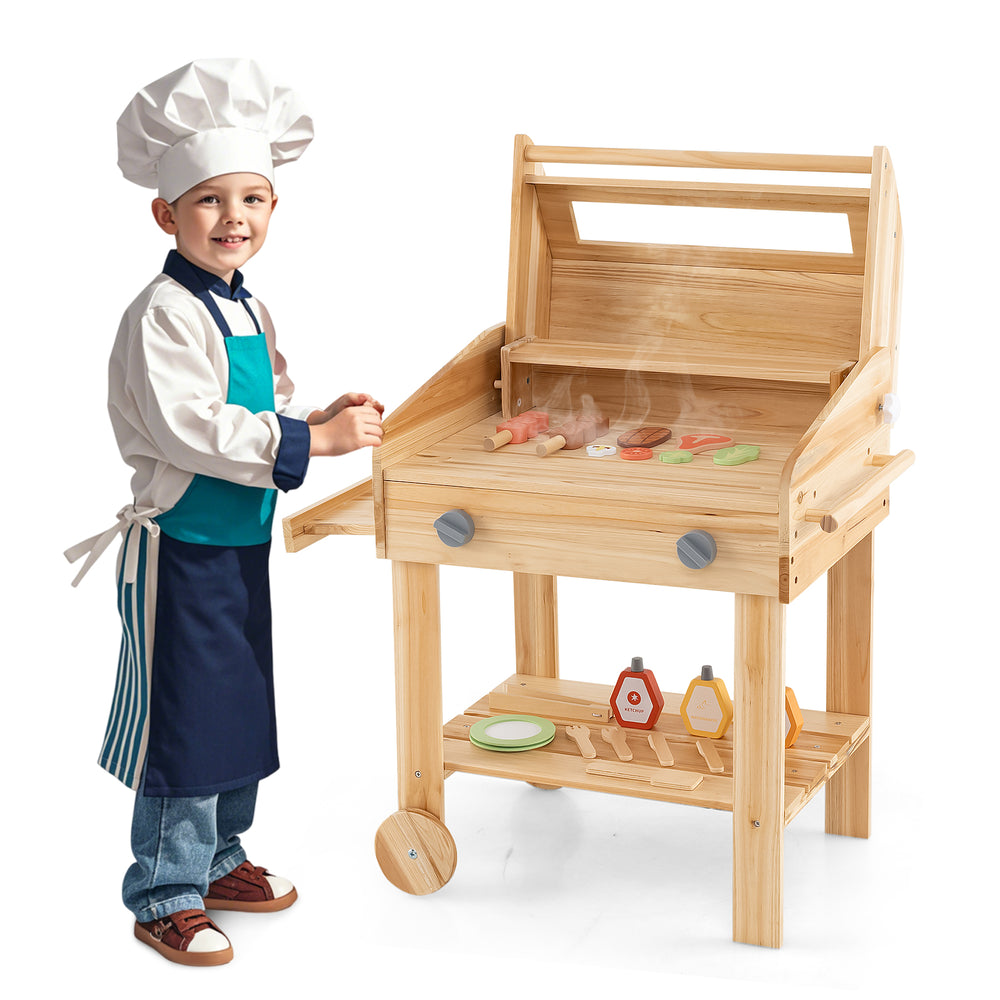 Kids wooden barbecue grill playset with food accessories, wheels, and storage rack for realistic pretend cooking fun.