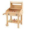 Kids wooden barbecue grill playset with food accessories, wheels, and storage rack for imaginative play in backyards.
