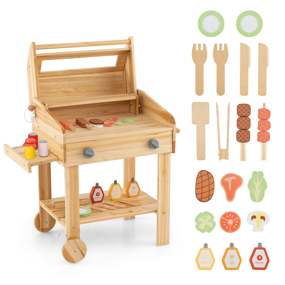 Kids wooden barbecue grill playset with 25 accessories, natural fir wood, ideal for pretend play in playrooms or.