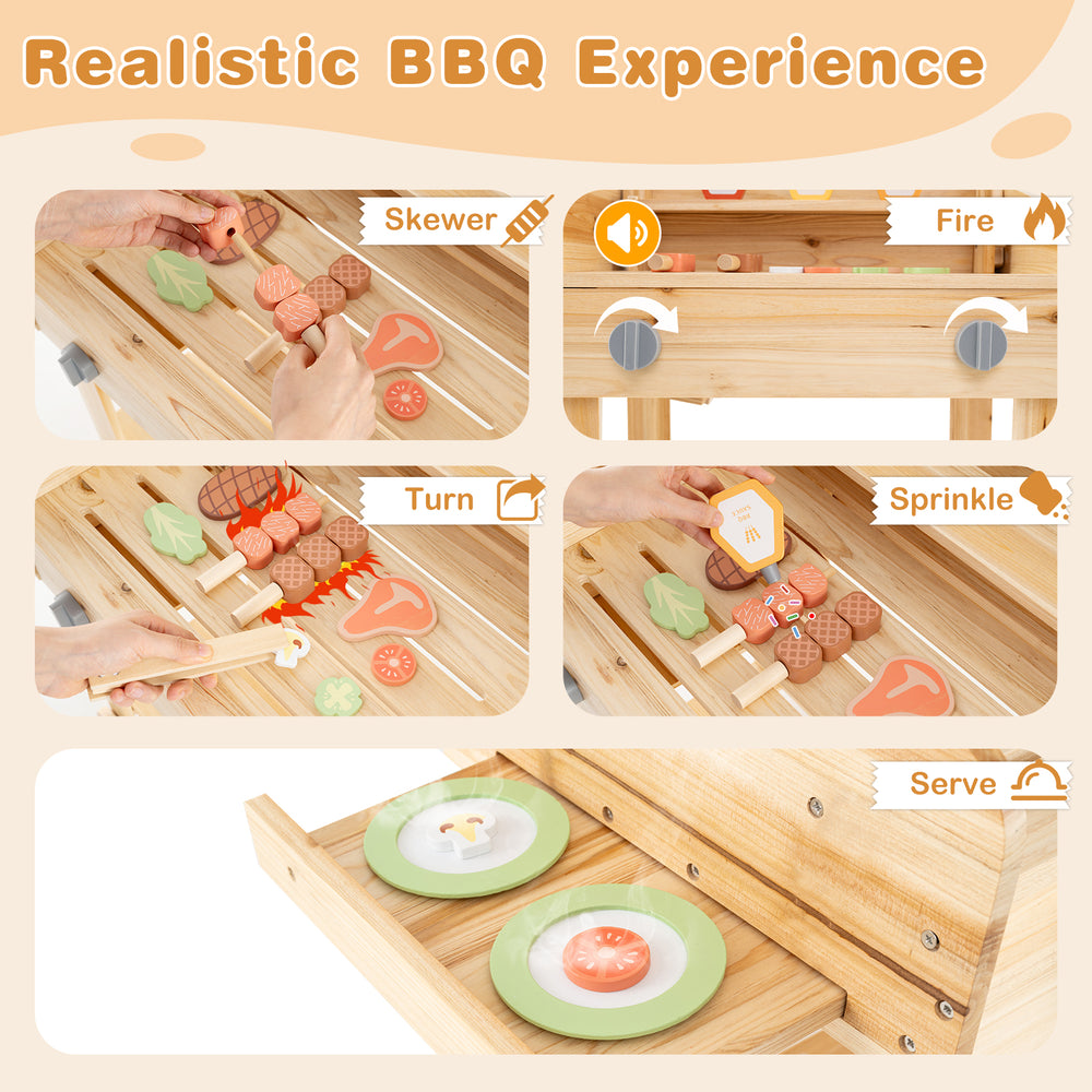 Kids wooden barbecue grill playset with food accessories, featuring skewer and serve functions for realistic play.