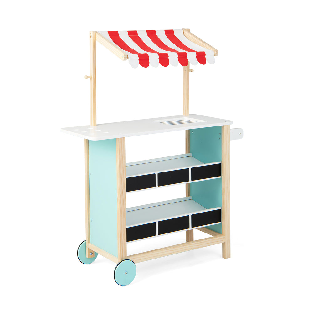 Kids wooden ice cream cart with red canopy, chalkboard, and storage shelves for imaginative play and easy movement.