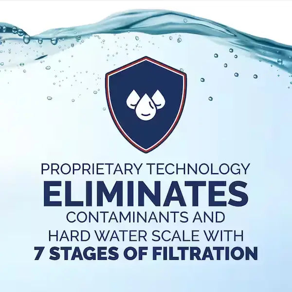 ECO-X feature graphic: Proprietary technology eliminates contaminants and hard water scale with 7 stages of filtration