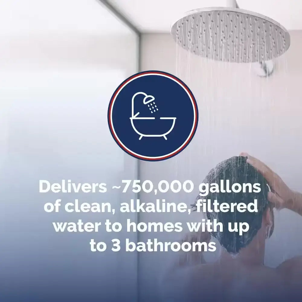 ECO-X feature graphic: Delivers ~750,000 gallons of clean, alkaline, filtered water to homes with up to 3 bathrooms