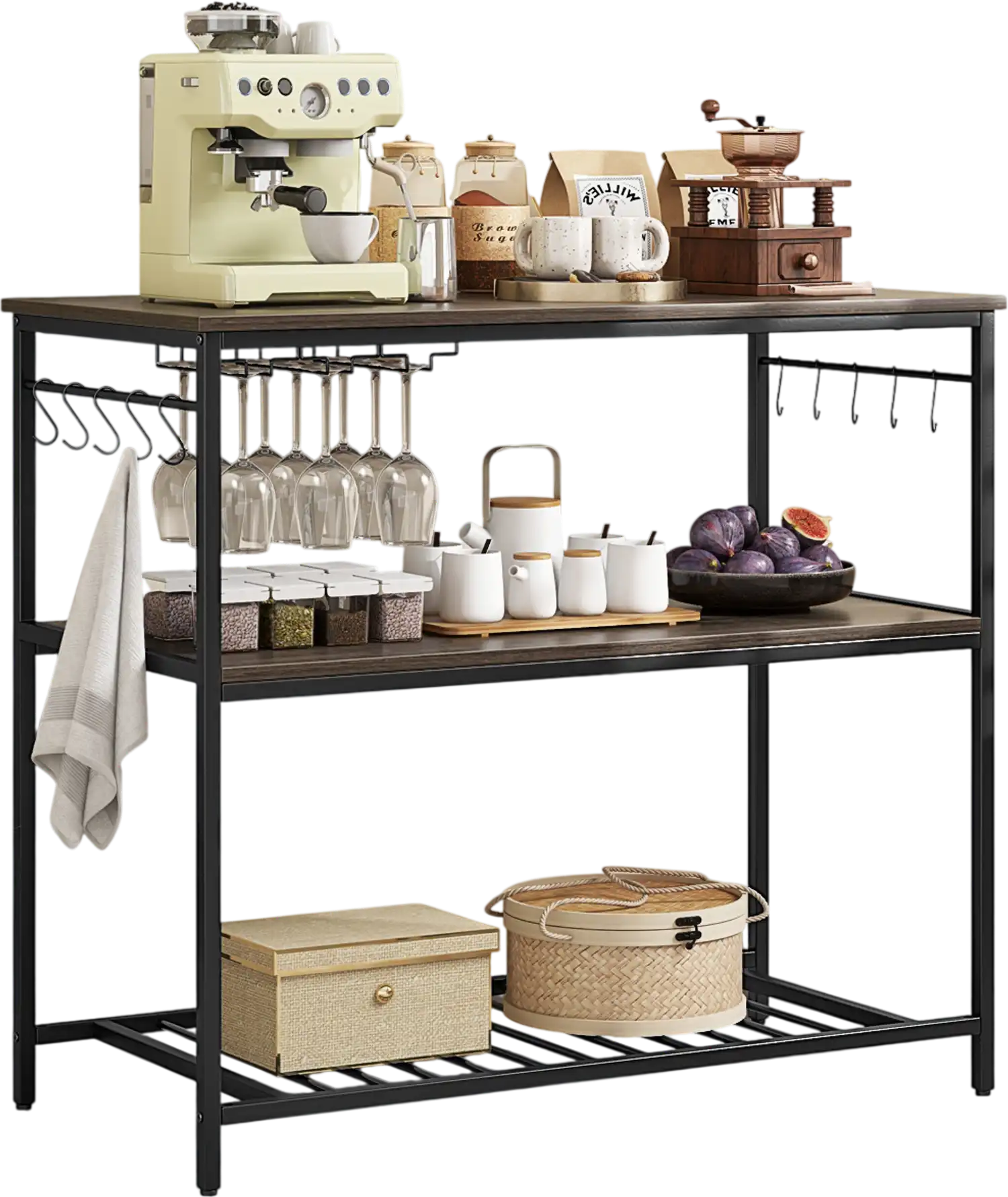Costway Kitchen Island Baker's Rack w/ 3 Shelves Wine Glass Holders 10 Hooks Gray 68541792 New