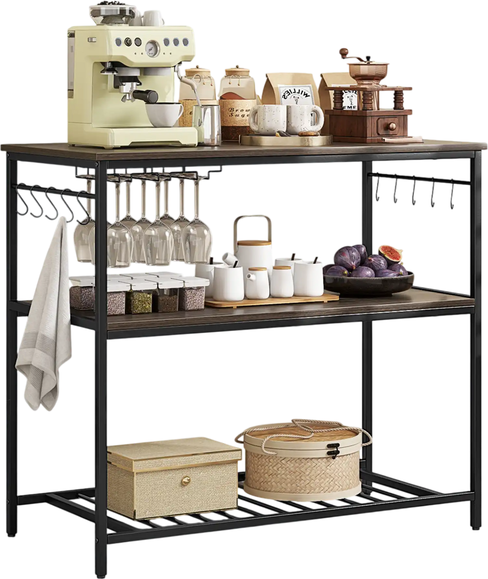 Kitchen island with three shelves, wine glass holders, and 10 hooks in gray, perfect for kitchen storage and food prep.