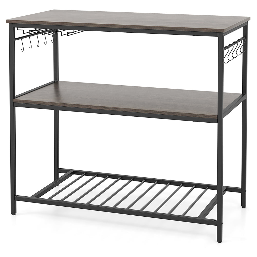 Kitchen island showcasing a spacious gray worktop, metal frame, and 10 hooks for convenient access to kitchen tools.