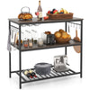 Kitchen island in gray featuring a sturdy metal frame, spacious top, and S-shaped hooks for hanging kitchen tools.