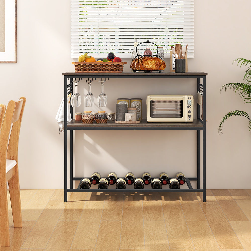 Kitchen island in gray with a spacious top, wine bottle rack for 12 bottles, and adjustable foot pads for stability.