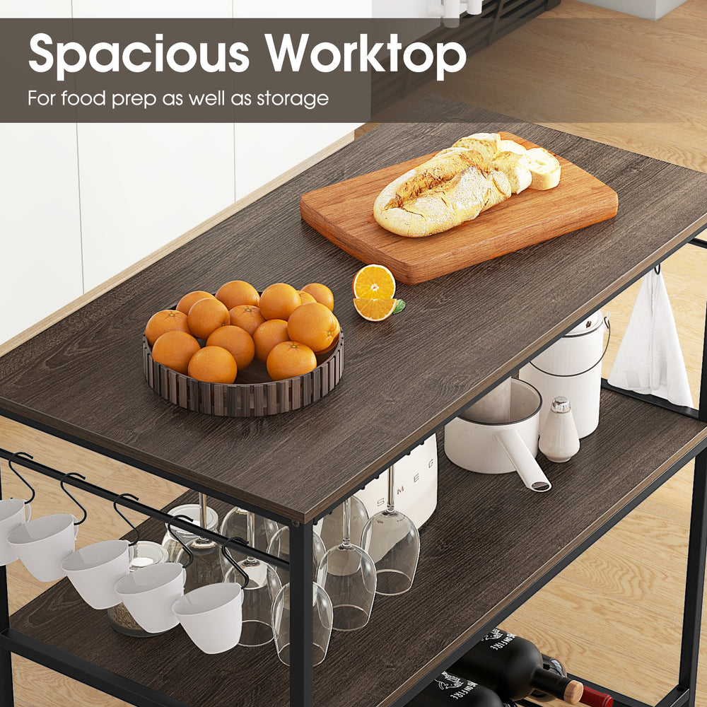 Kitchen island with spacious gray worktop, wine glass holders, and 10 hooks for easy access to kitchen gadgets.