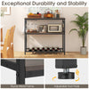 Kitchen island with sturdy metal frame, three shelves, wine glass holders, and adjustable foot pads for stability.