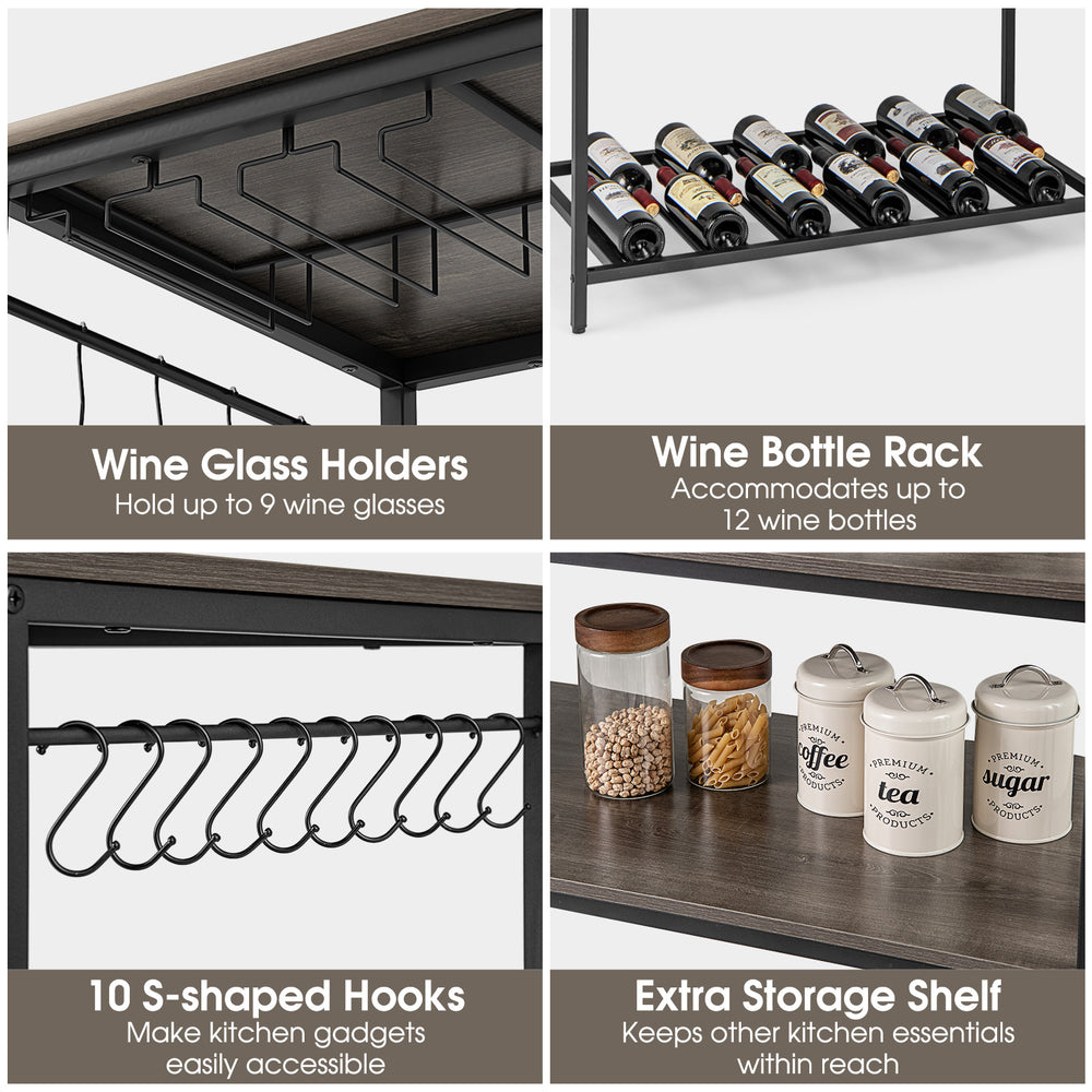 Kitchen island with wine glass holders, wine bottle rack, 10 hooks, and extra storage shelf for kitchen essentials.