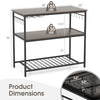 Kitchen island with gray finish, featuring 3 shelves, wine glass holders, and 10 hooks for kitchen organization.