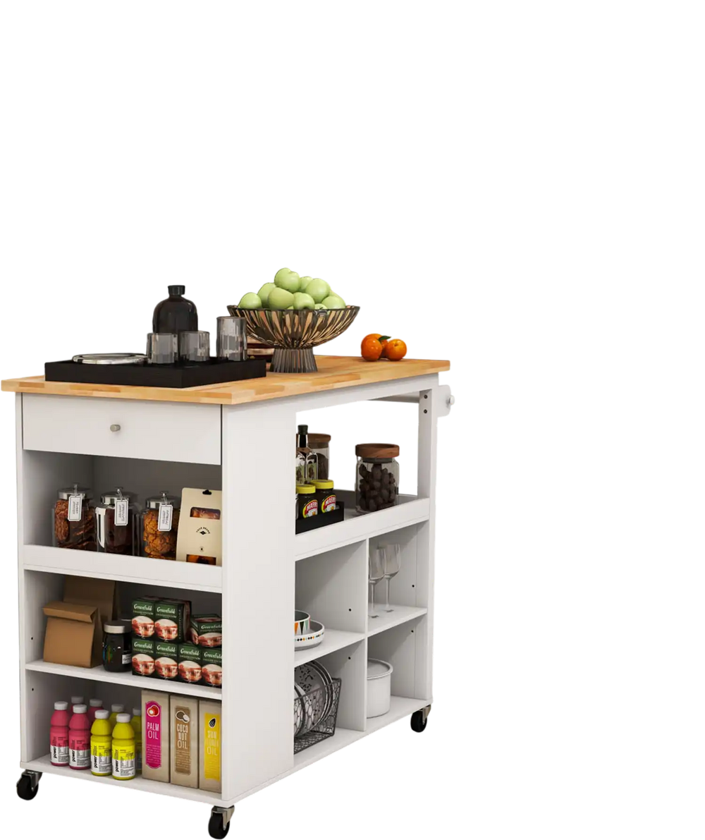 Kitchen island trolley cart on wheels with a rubber wood countertop, open shelves, and adjustable spice rack for.