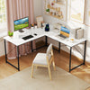 L-shaped computer desk in white with power outlets, monitor shelf, and ample workspace for gaming and writing.