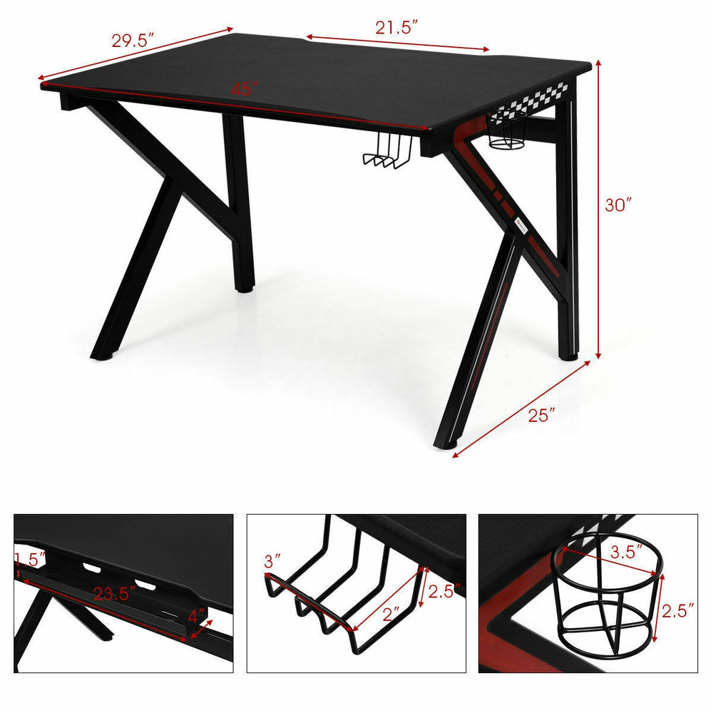 K-shaped gaming desk with a spacious MDF surface, cup holder, and headphone hook for enhanced gaming convenience.