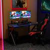 K-shaped gaming desk with a spacious MDF surface, cup holder, and headphone hook for an organized gaming setup.