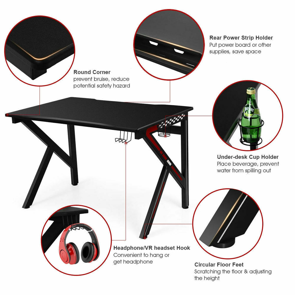K-shaped gaming desk with a sleek MDF surface, under-table cup holder, and headphone hook for an organized gaming setup.