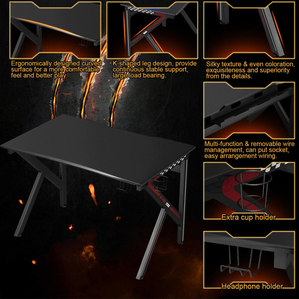 K-shaped gaming desk featuring a durable MDF surface and adjustable feet for stability, perfect for a seamless gaming.