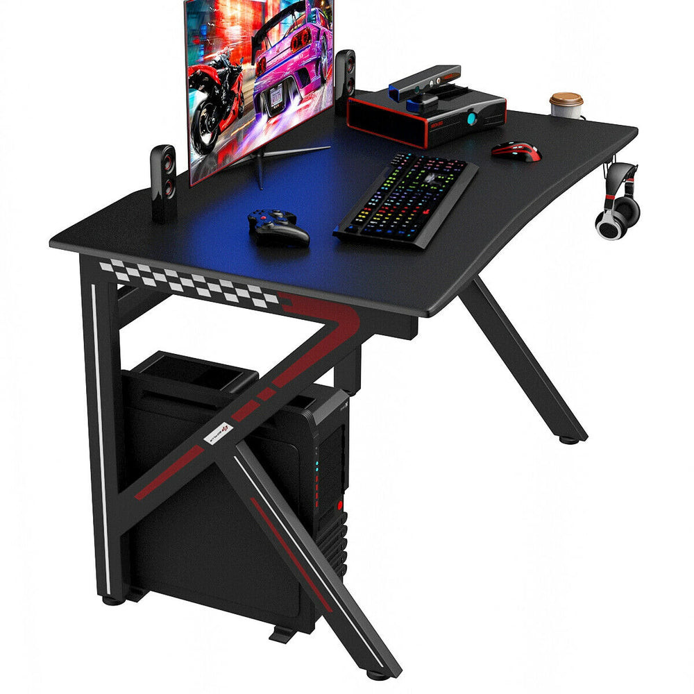 K-shaped gaming desk with a spacious MDF surface and rock-solid construction, designed for stability and a clutter-free.