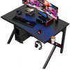 K-shaped gaming desk showcasing a solid MDF surface, adjustable feet, and rear power strip holder for gaming efficiency.