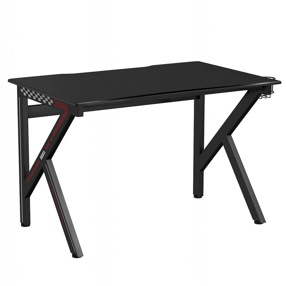 K-shaped gaming desk with a durable MDF surface and rock-solid construction for enhanced stability and a better gaming.