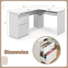 L-shaped computer desk in white with dimensions, featuring a letter file drawer and spacious desktop for efficient.