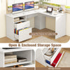 L-shaped white computer desk featuring a letter file drawer, open compartment, and spacious desktop for efficient.
