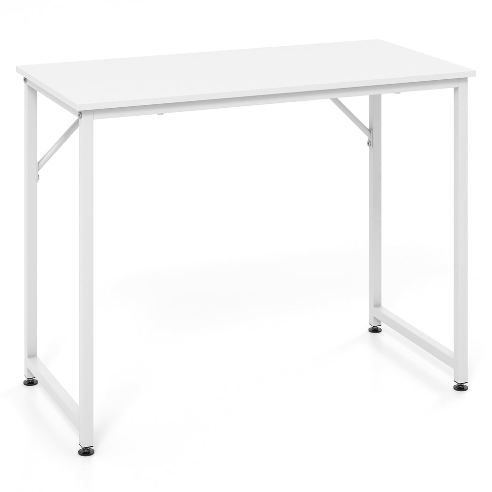 White L-shaped computer desk with spacious legroom and sturdy MDF board, perfect for home or office use.