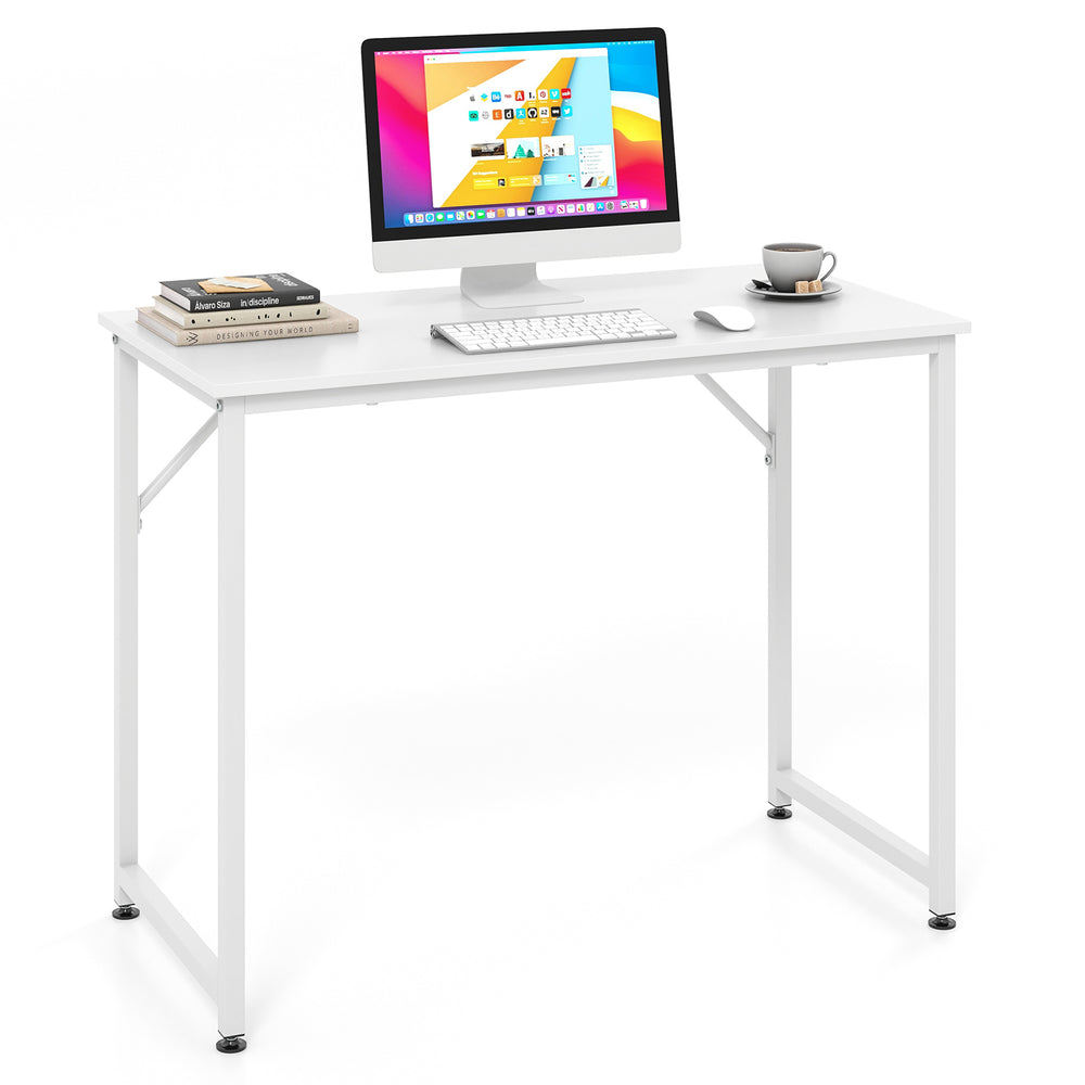 White L-shaped computer desk with spacious surface, sturdy MDF board, and adjustable foot pads for home or office use.