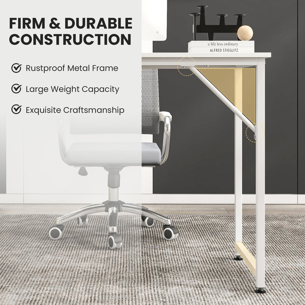 L-shaped computer desk in white with a rustproof metal frame, spacious legroom, and modern design for home or office.