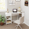 L-shaped white corner desk with drawer and shelves, ideal for workspace organization and saving space.