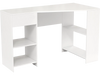 L-shaped white computer desk with drawer and shelves, ideal for workspace organization and saving space.