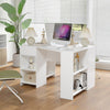 L-shaped white computer desk with drawer and shelves, perfect for workspace organization and efficient use of space.