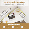 L-shaped corner desk with partitioned surface, white finish, ideal for working, studying, and gaming in compact spaces.